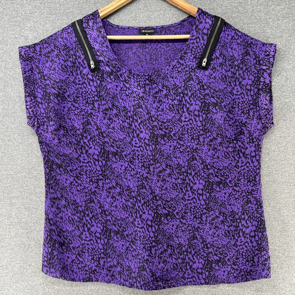 I Love Ronson Blouse Womens XL Purple Black Abstract Print Sleeveless Zipper Top